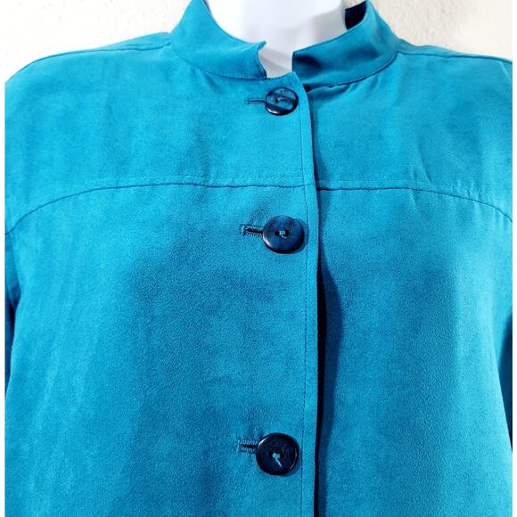 Draper's & Damon's Blue Teal Suede Button Up Blazer Large Band Collar Soft - Picture 2 of 8